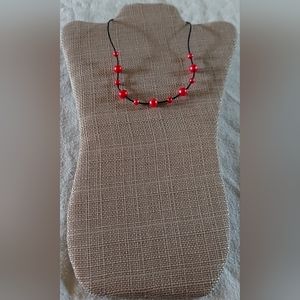 Handmade Red Pearl And Black Leather Necklace